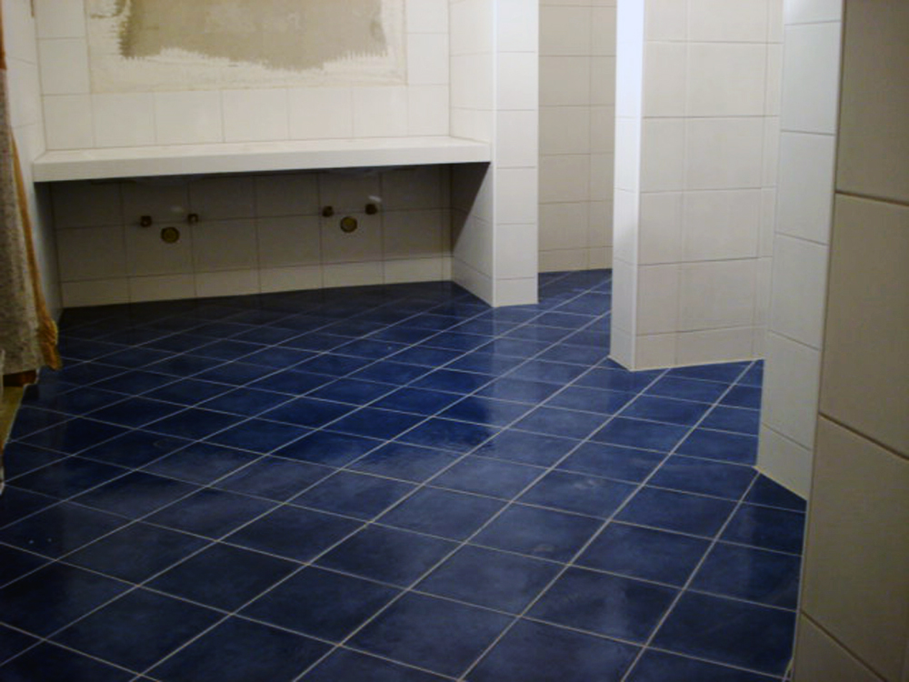 Badezimmer mit blauen Bodenplatten und weissen Wandfliesen